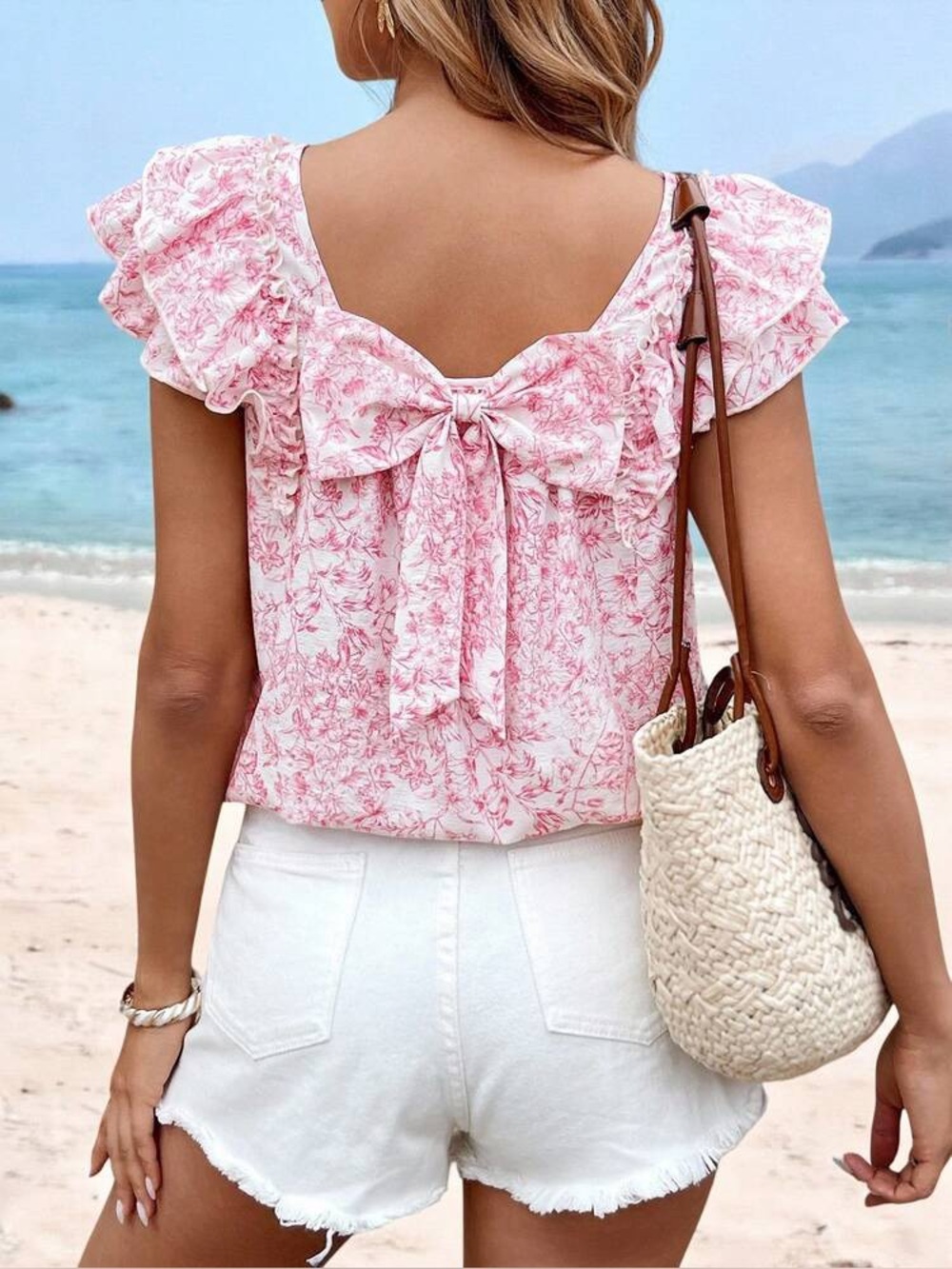 SHEIN Cream Blouse with Pink Floral Print